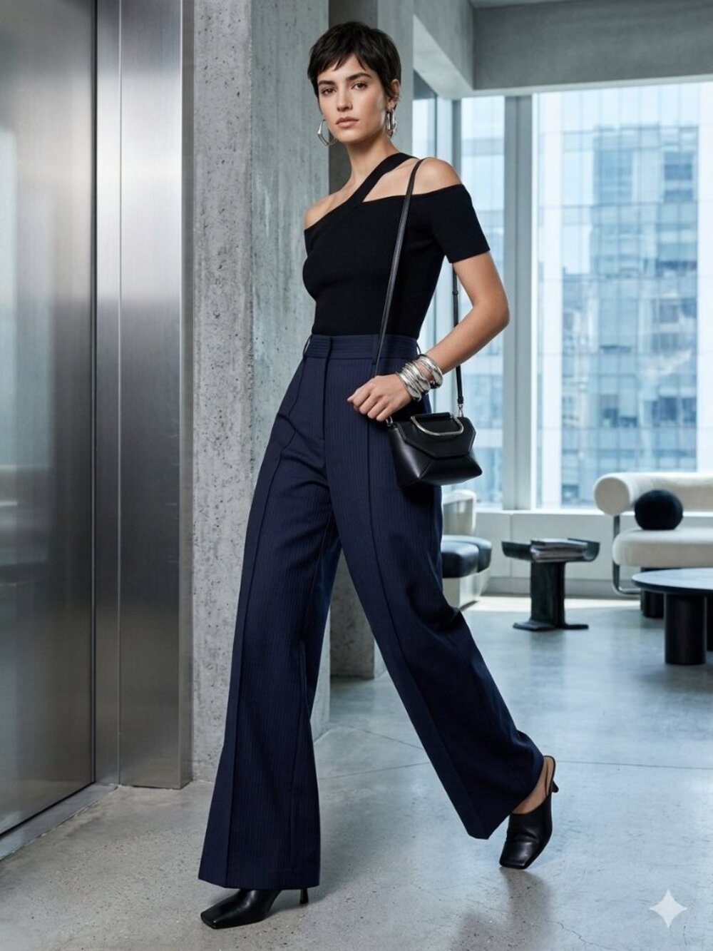 Mango Women's Size 14 Navy Pinstripe Pleated Wide-Leg Trousers Pants